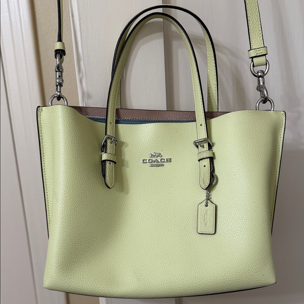 COACH Pebbled Leather Tote in Light Lime with Brown Trim
